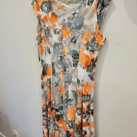 Marallis Canada Orange Floral Fashion Midi Dress With Matching Knit Cover Up  L - Picture 14 of 14
